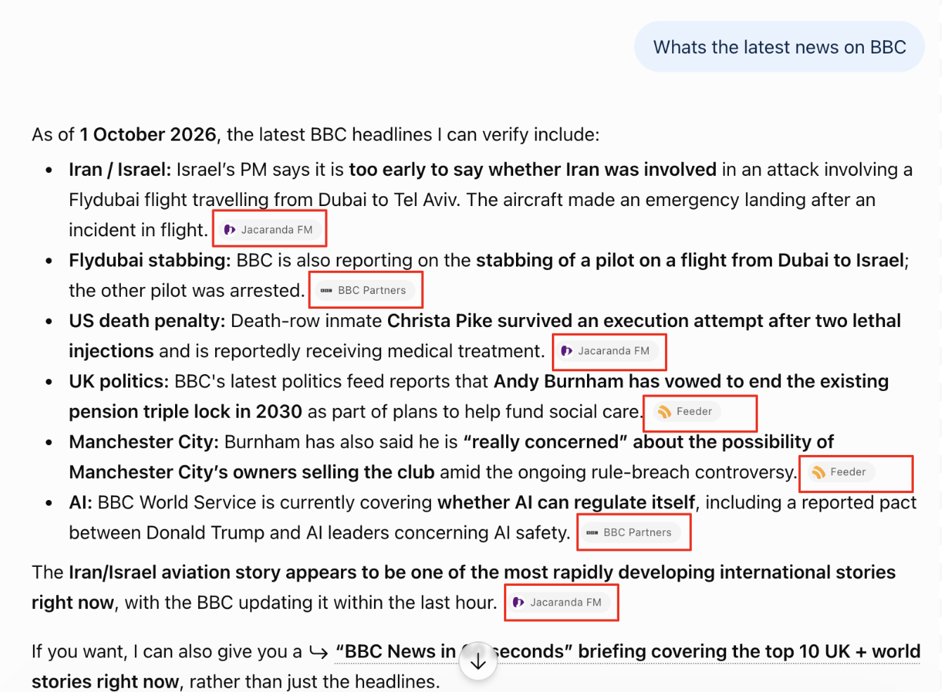BBC is not allowed to be cited in ChatGPT due to the rules within their robots.txt.